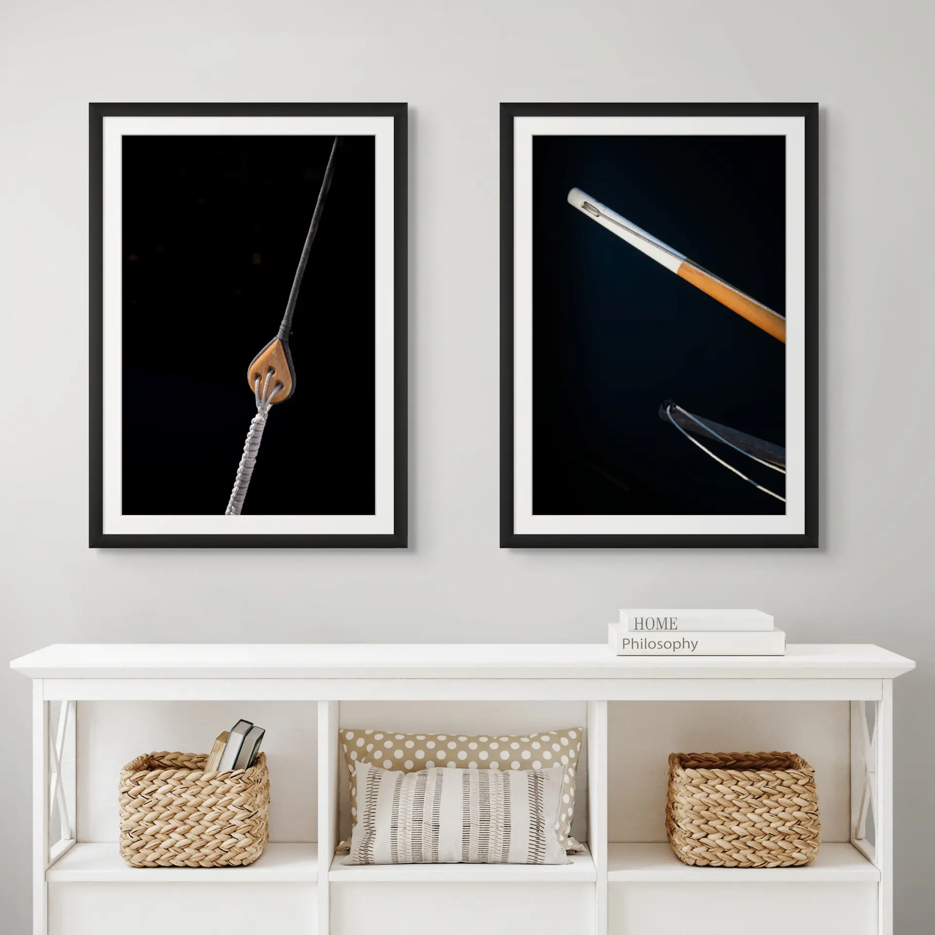 Modern Nautical fine art photography print in situ — melissa anne wooden boats Salish Sea nautical wall art